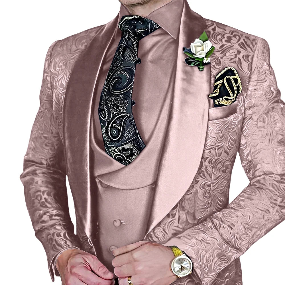 Jacquard Men's 3-piece Suit Set Formal Party Dress Groom's Tuxedo High Quality Elegant Men's Customized Outfit