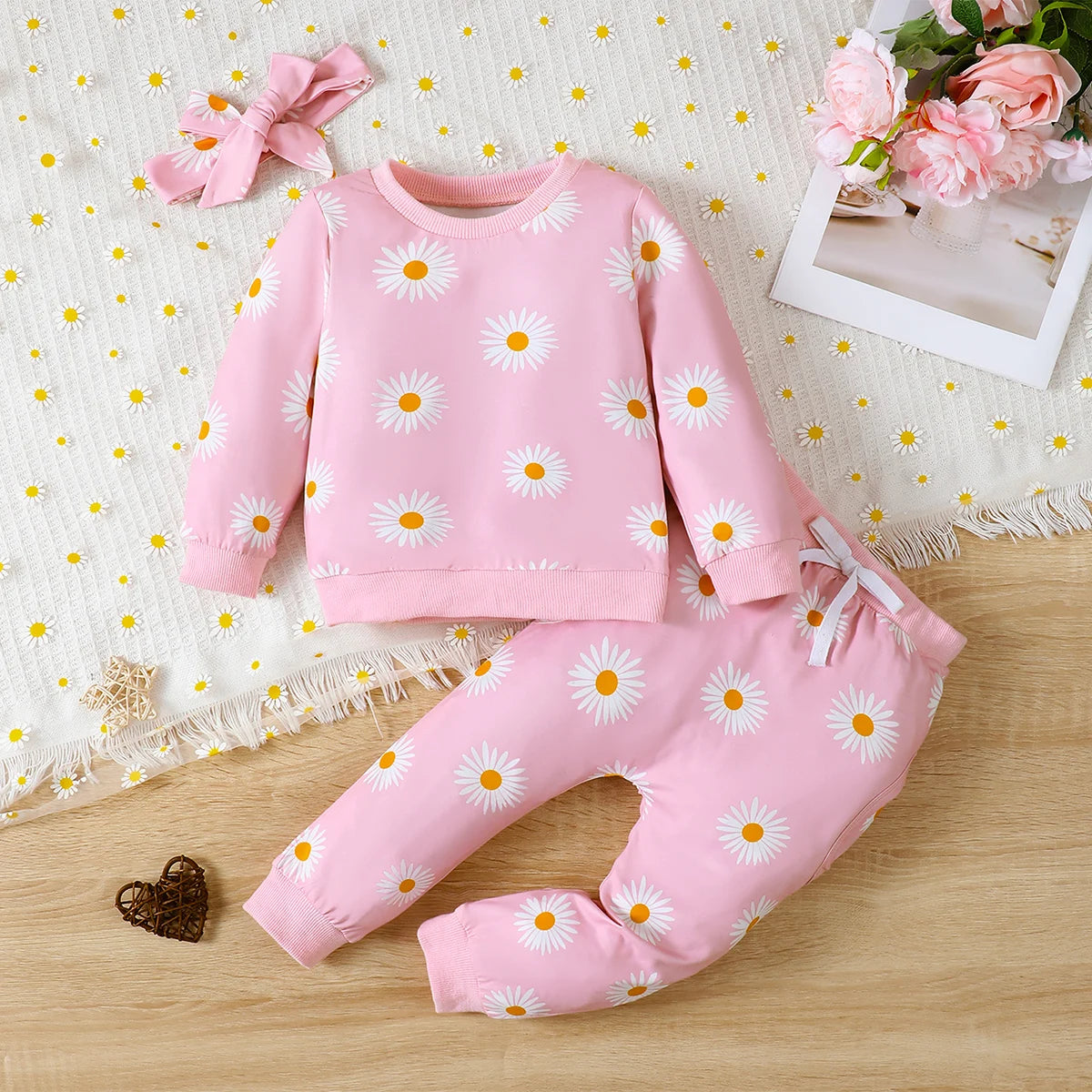 1-5 Years Toddler Girls 3PCS Clothing Set Heart/Flower Print Long Sleeved Hoodies+Pants+Headband Kids Autumn&Winter Casual Wear