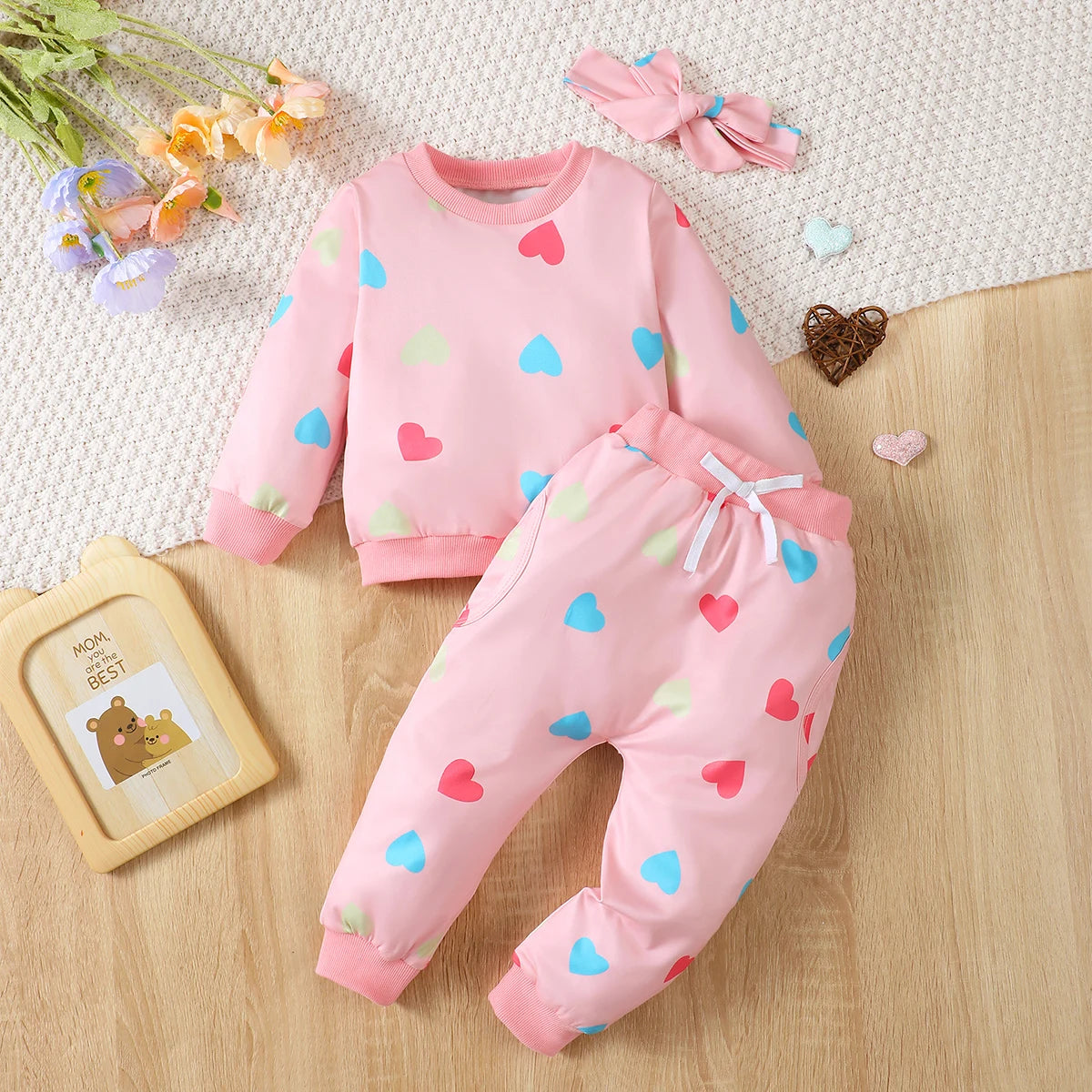 1-5 Years Toddler Girls 3PCS Clothing Set Heart/Flower Print Long Sleeved Hoodies+Pants+Headband Kids Autumn&Winter Casual Wear