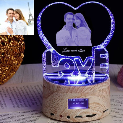 Love Crystal Photo Customized Picture Text NightLight Bluetooth Music Player Wedding Couple for Mother Father Day Christmas Gift