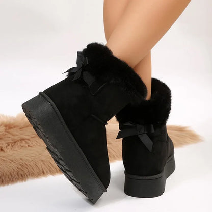 2024 Autumn/Winter New Foreign Trade Hairy Bow Decoration Simple Snow Boots Round Head Suede Thick Bottom Cotton Shoes