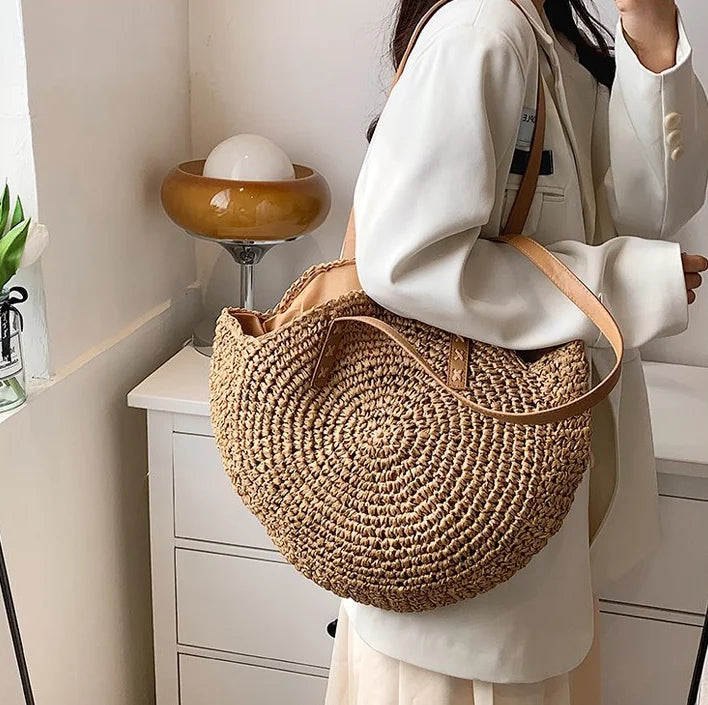 Fashion Large Capacity Fringe Pendant Handmade Straw Handbag Women Holiday Beach Casual Tote Top-Handle Bags Retro Shoulder Bags