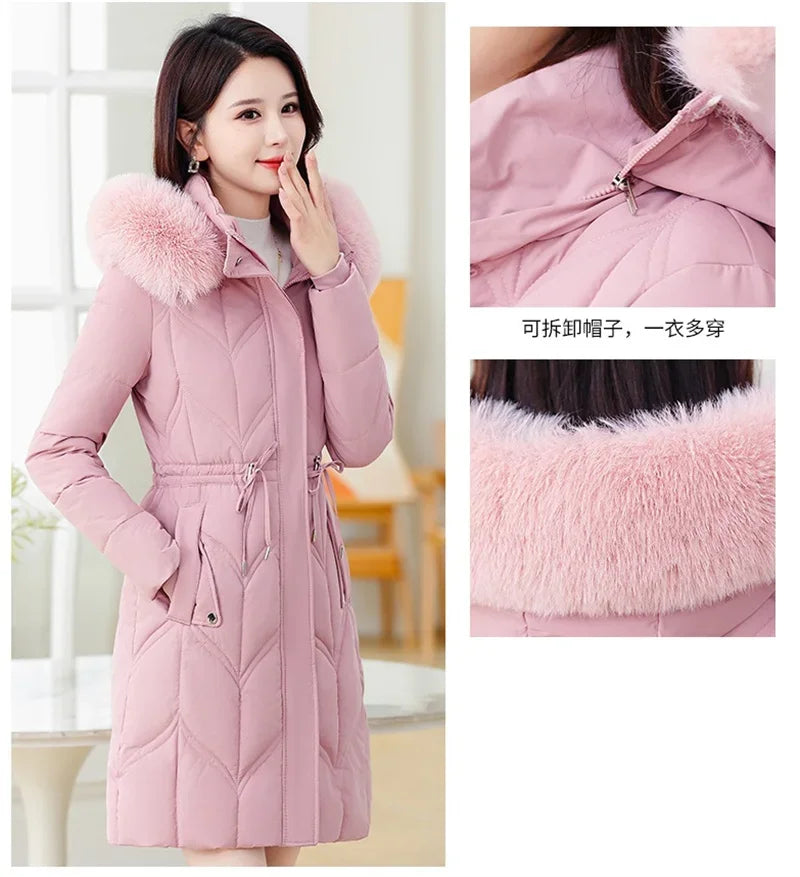 Women Down Cotton Jacket 2025 Mid Long Warm Ladies Outerwear Slim High-End Loose Women.