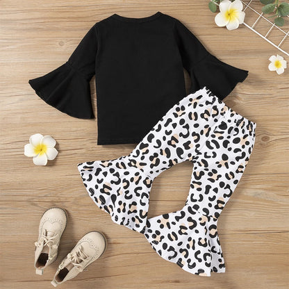 2pcs Baby Girl Clothes Sets Black Pullover Top + Leopard Print Bell-Bottoms Autumn Children's Clothing For 2 3 4 5 7 8 Years Old