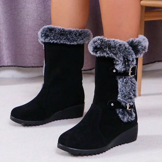 Women's Wedge Heeled Snow Boots Fashion Buckle Design Faux Fur Mid Calf Boots Woman Comfortable Thicken Warm Plush Winter Boots