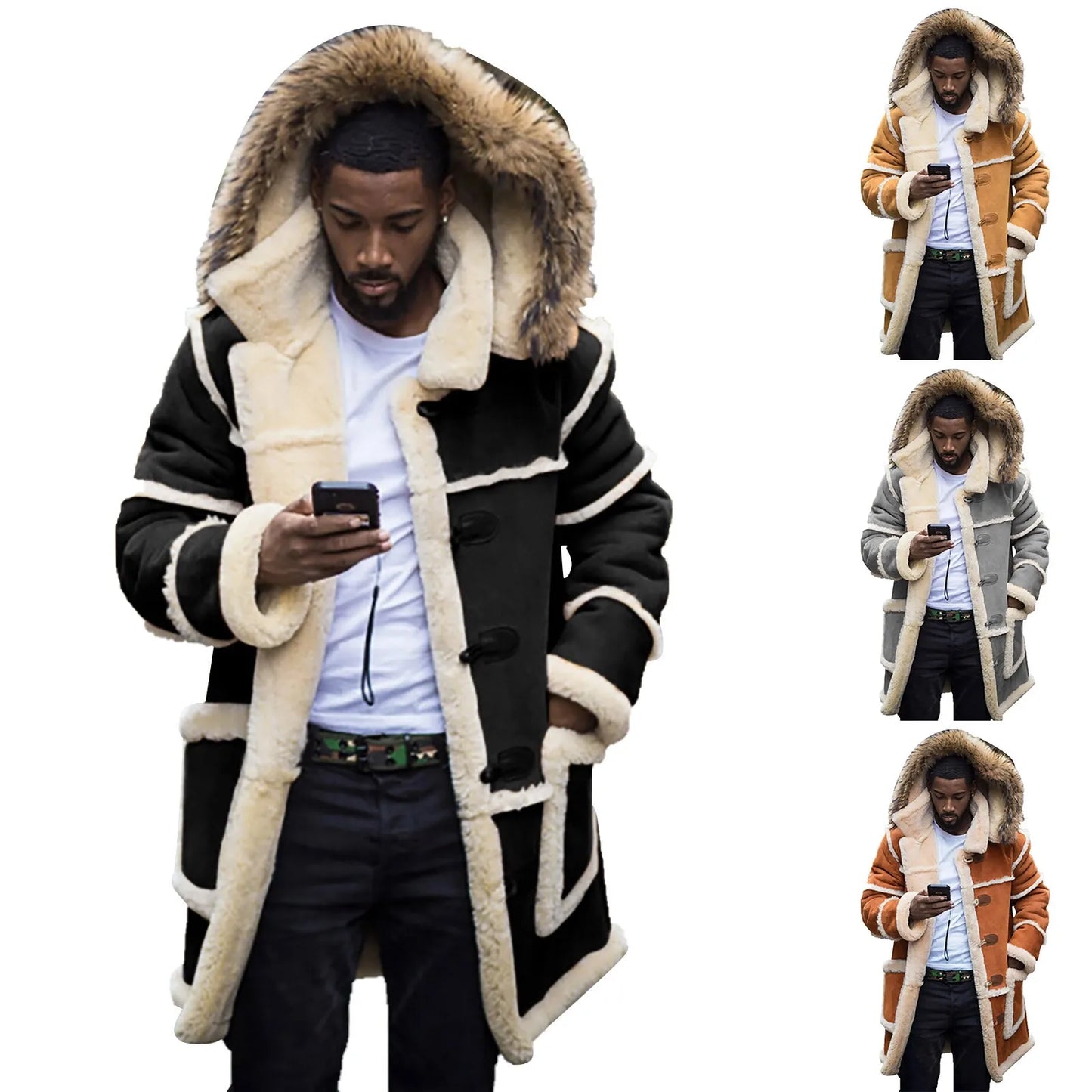 New Men Lamb Fur Hooded Jacket Punk Warm Windproof Leather Coat Winter Fashion Padded Long Coat Top Cardigans Windbreaker Jacket