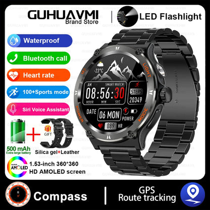 Smart Watch 3ATM Waterproof 1.53" KT76 Men Sport Compass LED Flashlight Heart Rate Health Sleep Analysis Bluetooth Call Watch