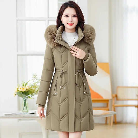 Women Down Cotton Jacket 2025 Mid Long Warm Ladies Outerwear Slim High-End Loose Women.