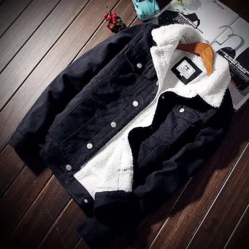 Plus Size Winter Fleece-Lined Denim Jacket Men's Slimming Cotton Coat Top Thickened Sheep Fleece Lining Casual Scene Youth Outwe