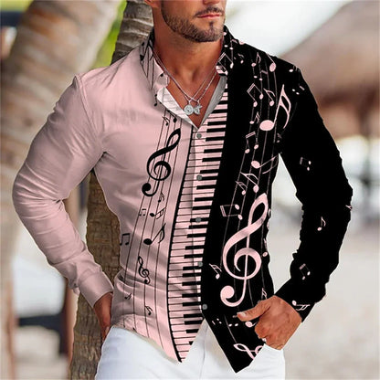 Graphic printing of men's shirts in summer 2023 Music button top long sleeve button shirt clothing design comfortable S-6XL