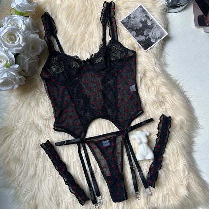 Best Girlfriend gift for birthday, romantic heart-shaped lace ruffle lingerie set.