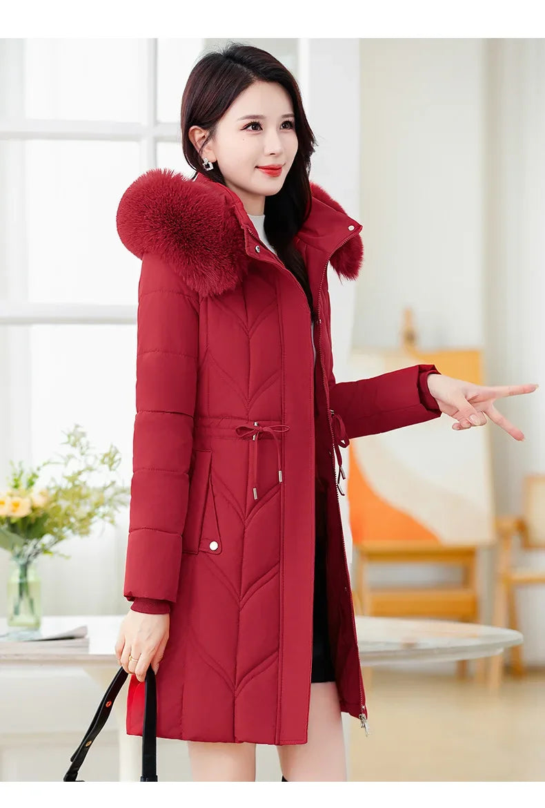 Women Down Cotton Jacket 2025 Mid Long Warm Ladies Outerwear Slim High-End Loose Women.