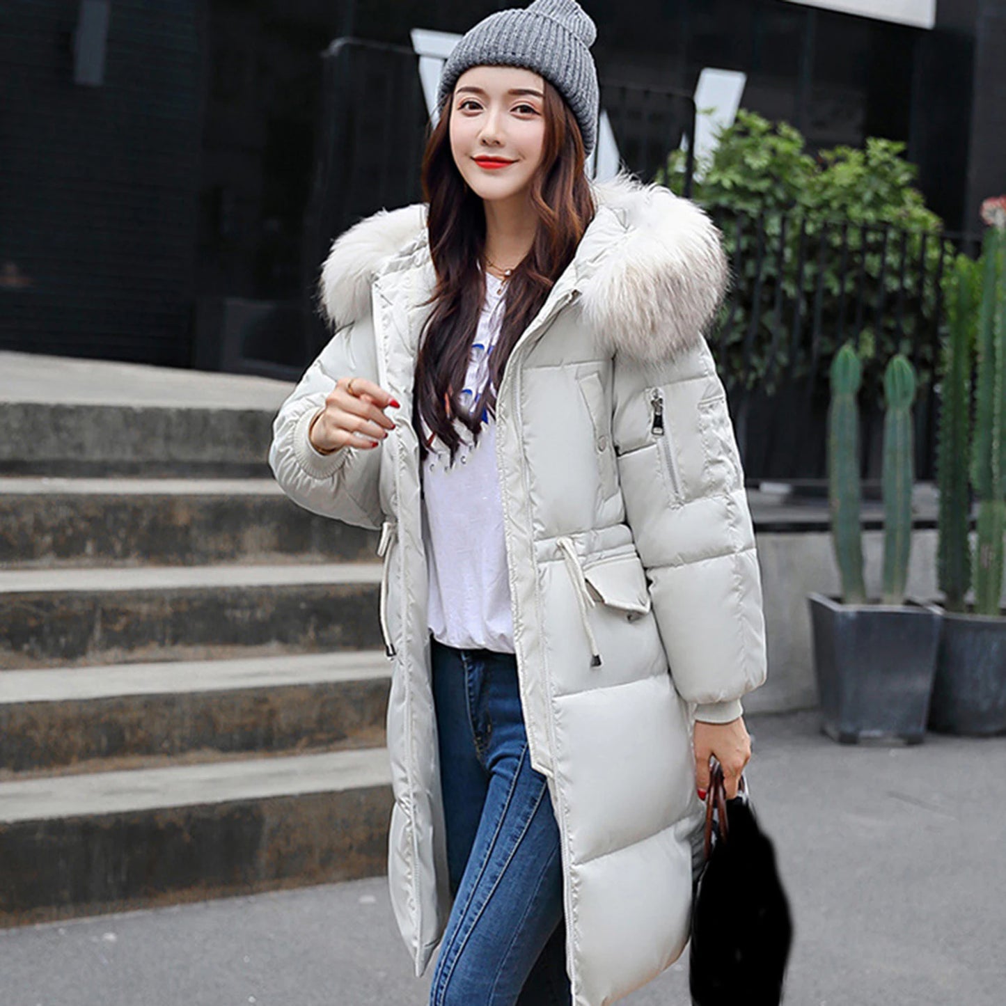 Women Coat Solid Color Thickened Padded Stuffed Hooded