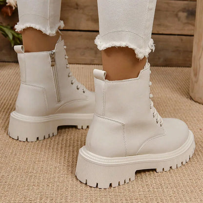 Pu Leather Warm Motorcycle Boots Women Lace-Up Plush Winter Ankle Boots Woman Balck Beige Flat Heel Non-Slip Cotton Botas Mujer