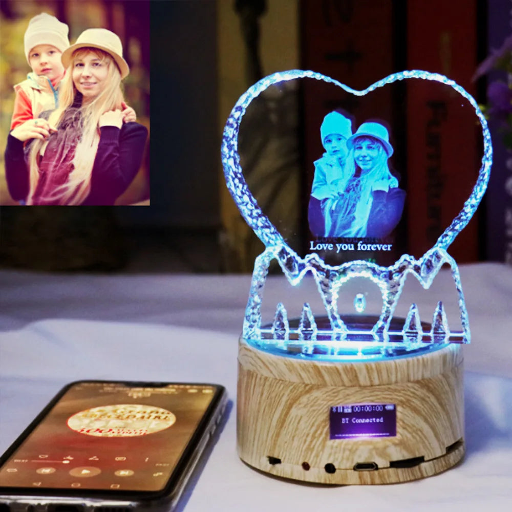 Love Crystal Photo Customized Picture Text NightLight Bluetooth Music Player Wedding Couple for Mother Father Day Christmas Gift