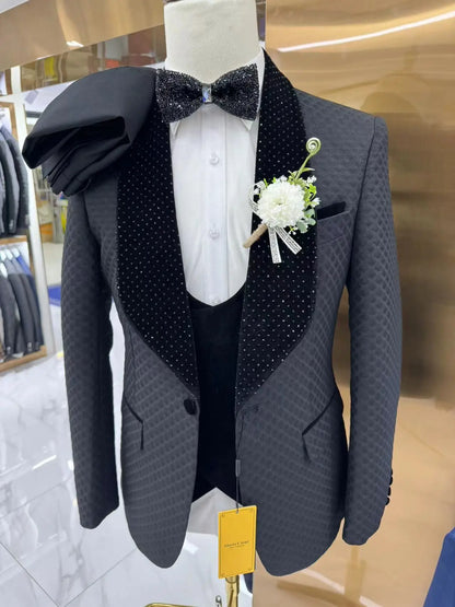 Man Suit Fine Pressed Diamond Men's Wedding Casual Host Suit 3 Pieces   Wedding Suits for Men