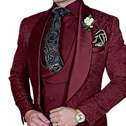 Jacquard Men's 3-piece Suit Set Formal Party Dress Groom's Tuxedo High Quality Elegant Men's Customized Outfit