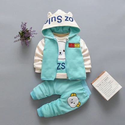 New Autumn Winter  Baby Girl Clothes Children Boys Thickened Hooded Vest T-Shirt Pants 3Pcs/Sets Toddler Costume Kids Tracksuits