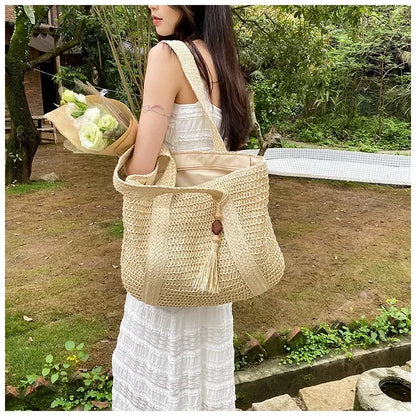 Fashion Large Capacity Fringe Pendant Handmade Straw Handbag Women Holiday Beach Casual Tote Top-Handle Bags Retro Shoulder Bags