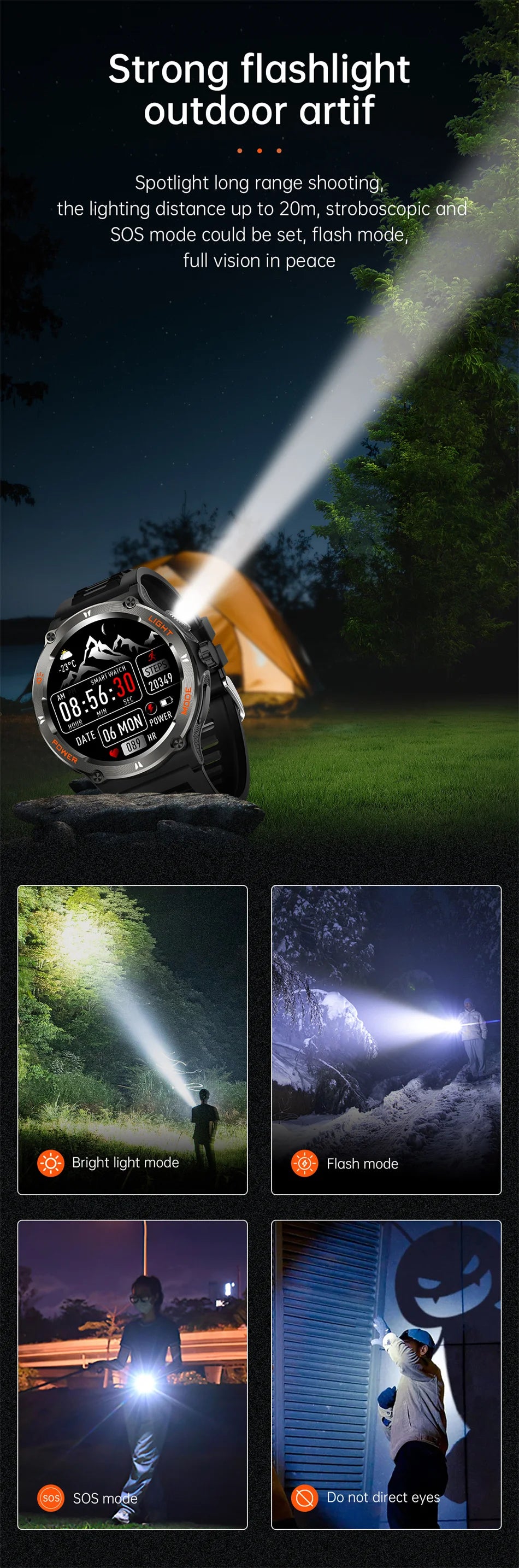 Smart Watch 3ATM Waterproof 1.53" KT76 Men Sport Compass LED Flashlight Heart Rate Health Sleep Analysis Bluetooth Call Watch