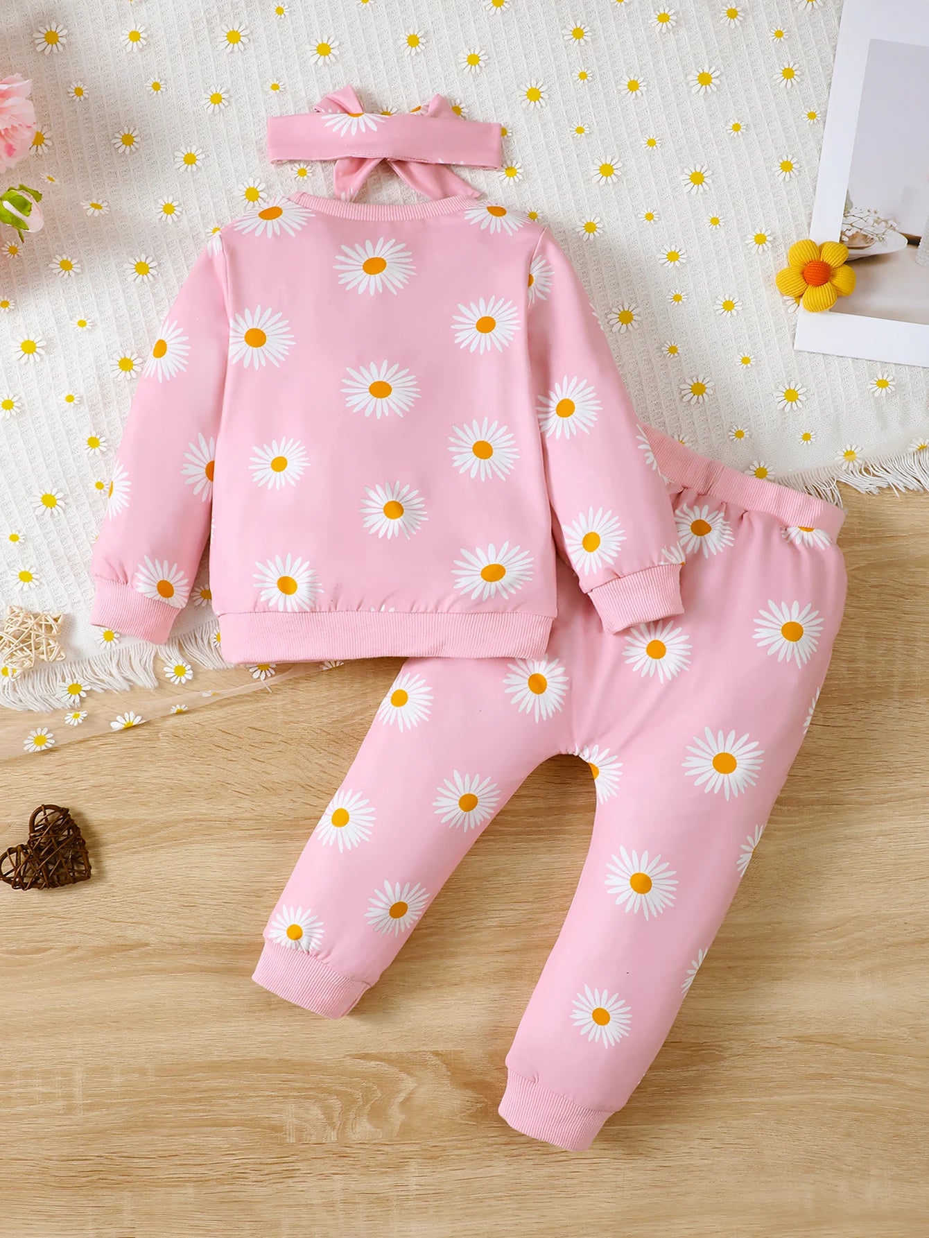 1-5 Years Toddler Girls 3PCS Clothing Set Heart/Flower Print Long Sleeved Hoodies+Pants+Headband Kids Autumn&Winter Casual Wear