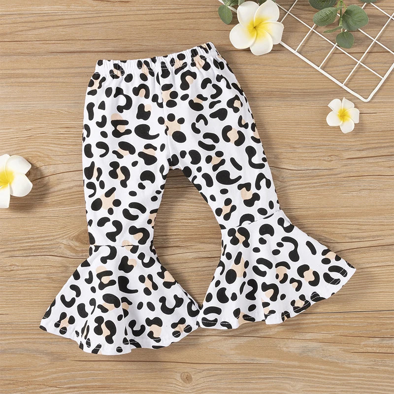 2pcs Baby Girl Clothes Sets Black Pullover Top + Leopard Print Bell-Bottoms Autumn Children's Clothing For 2 3 4 5 7 8 Years Old