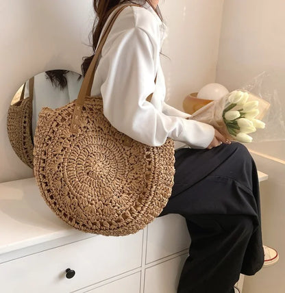 Fashion Large Capacity Fringe Pendant Handmade Straw Handbag Women Holiday Beach Casual Tote Top-Handle Bags Retro Shoulder Bags