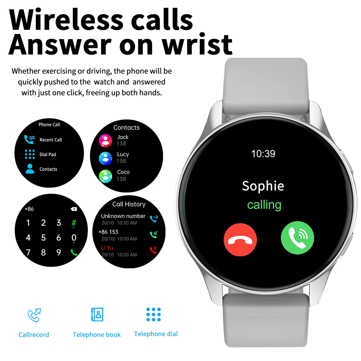 Smart Watch, Wireless Call/Dial, Multi-Sport Mode, Alerts, For Men and Women, Customized Wallpaper, iPhone/Andriod