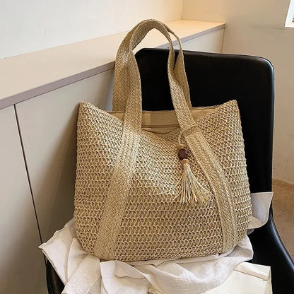 Fashion Large Capacity Fringe Pendant Handmade Straw Handbag Women Holiday Beach Casual Tote Top-Handle Bags Retro Shoulder Bags