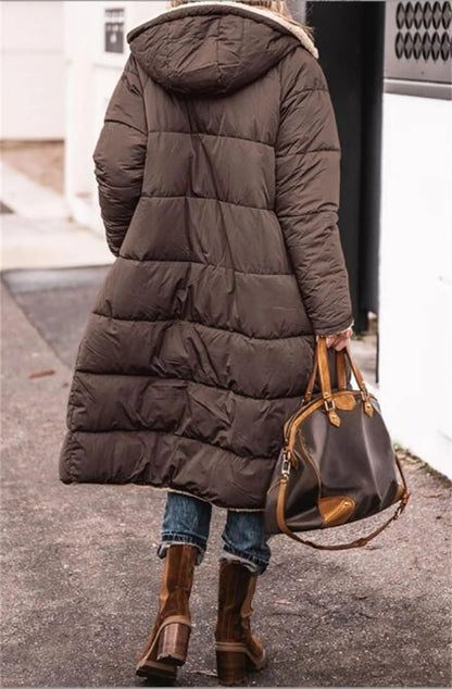 Winter Hooded Quilted Jacket For Women Solid Reversible Long Sleeve Thick Coat Warm Fashion.