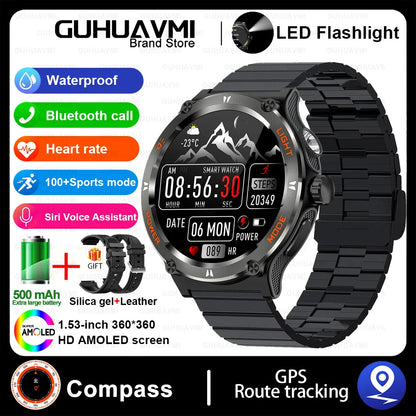 Smart Watch 3ATM Waterproof 1.53" KT76 Men Sport Compass LED Flashlight Heart Rate Health Sleep Analysis Bluetooth Call Watch