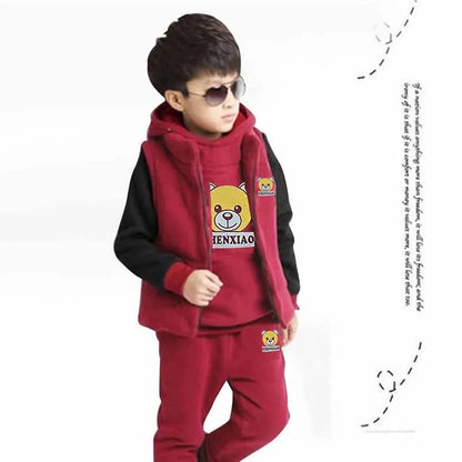 2025 Boys Padded Warm Set Children's Hooded Cartoon Solid Colour 3 Pcs Autumn Winter New Girls Sweatshirt Cute Casual Suit 4-12Y