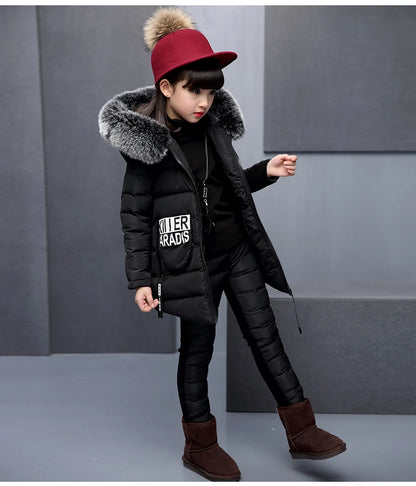 Girl Clothing Sets For Russia Winter Hooded Vest Jacket + Warm Top Cotton Pants 3 Pieces Clothes Coat With Fur Hood