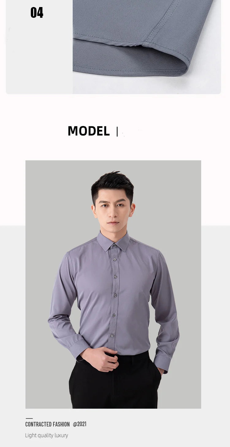 New Men's Solid Color Business Shirt Formal Fashion Thin Classic Basic Casual Slim White Long Sleeve Social Shirt Brand Clothes