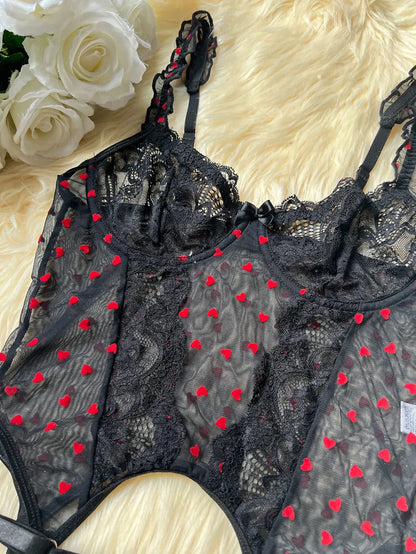 Best Girlfriend gift for birthday, romantic heart-shaped lace ruffle lingerie set.