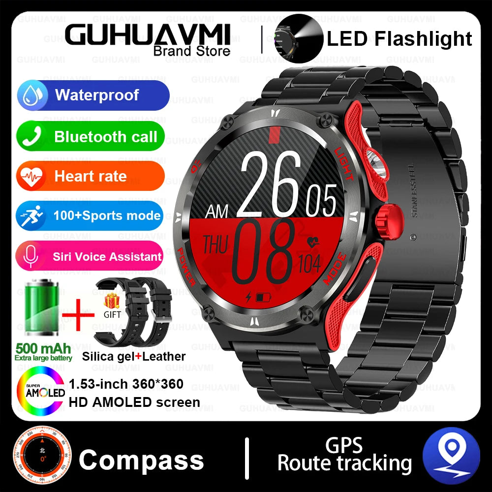 Smart Watch 3ATM Waterproof 1.53" KT76 Men Sport Compass LED Flashlight Heart Rate Health Sleep Analysis Bluetooth Call Watch