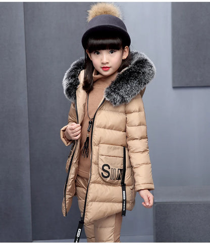 Girl Clothing Sets For Russia Winter Hooded Vest Jacket + Warm Top Cotton Pants 3 Pieces Clothes Coat With Fur Hood