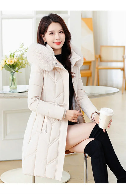 Women Down Cotton Jacket 2025 Mid Long Warm Ladies Outerwear Slim High-End Loose Women.