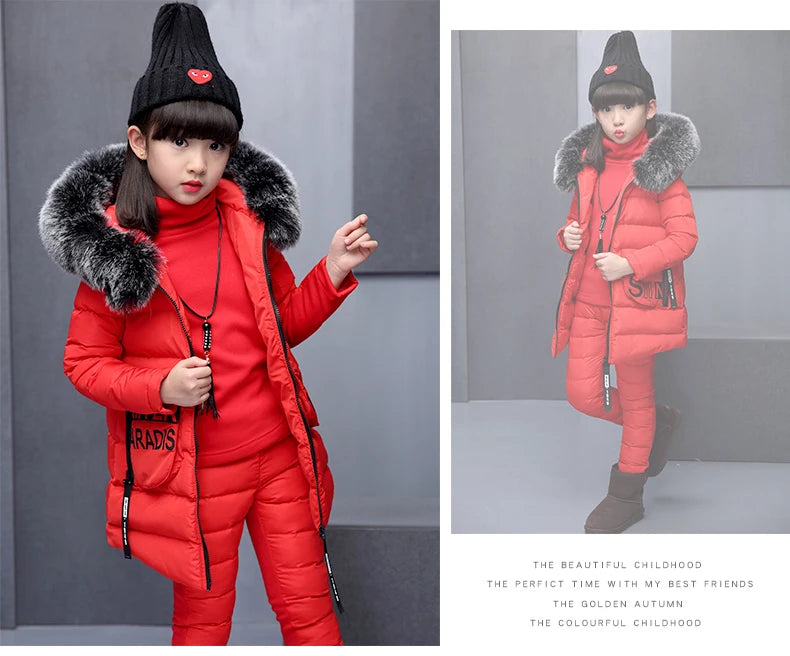 Girl Clothing Sets For Russia Winter Hooded Vest Jacket + Warm Top Cotton Pants 3 Pieces Clothes Coat With Fur Hood