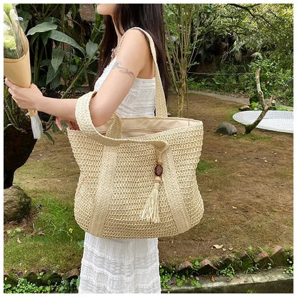 Fashion Large Capacity Fringe Pendant Handmade Straw Handbag Women Holiday Beach Casual Tote Top-Handle Bags Retro Shoulder Bags