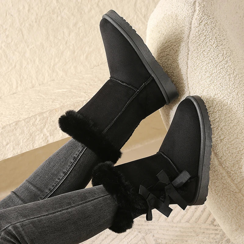 Women Flock Fluffy Suede Snow Boots Cute Butterfly Round Toe Warm Boots Autumn Winter Thick Sole Platform Cotton Shoes