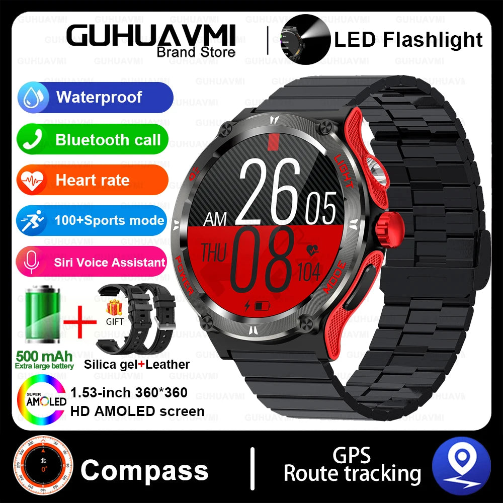 Smart Watch 3ATM Waterproof 1.53" KT76 Men Sport Compass LED Flashlight Heart Rate Health Sleep Analysis Bluetooth Call Watch