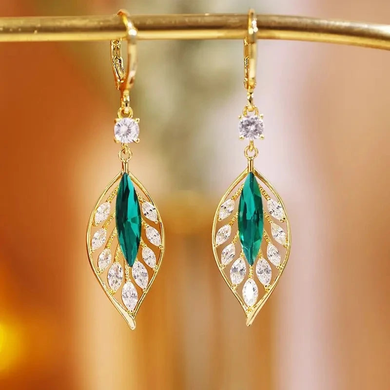 Green Crystal Golden Leaves Earrings for Women Individuality Day Accessories Valentines Jewelry Gifts