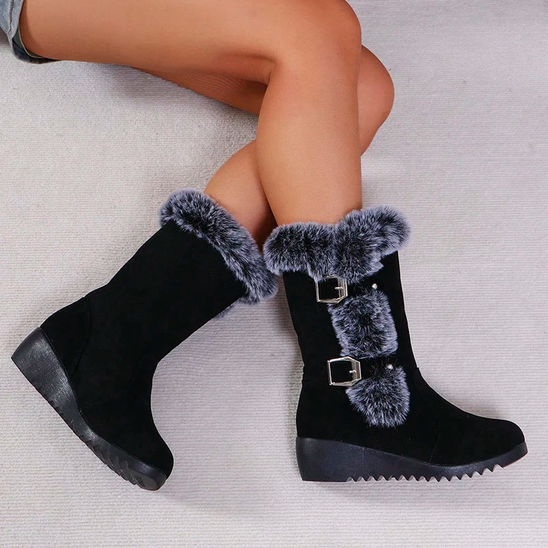 Women's Wedge Heeled Snow Boots Fashion Buckle Design Faux Fur Mid Calf Boots Woman Comfortable Thicken Warm Plush Winter Boots