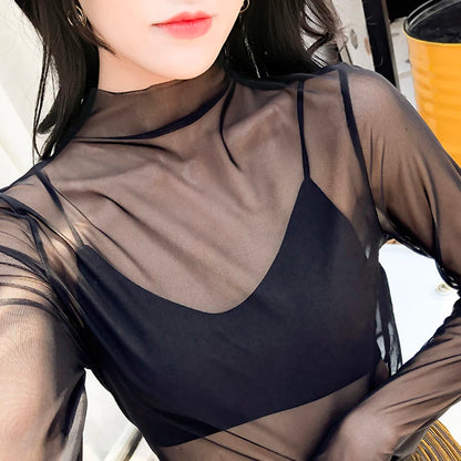 Black Mesh See Through Top For Women Sexy Transparent Top Summer Sun-proof