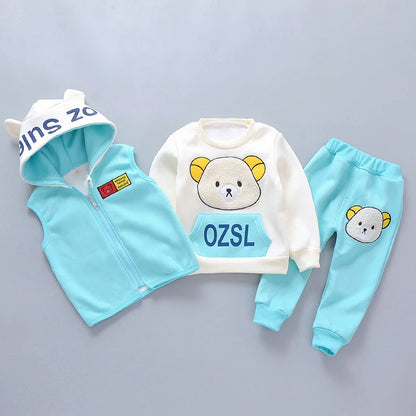 New Autumn Winter  Baby Girl Clothes Children Boys Thickened Hooded Vest T-Shirt Pants 3Pcs/Sets Toddler Costume Kids Tracksuits