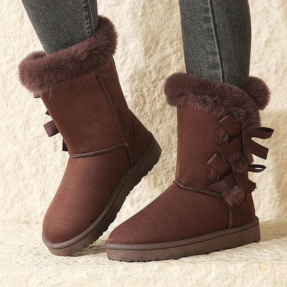 Women Flock Fluffy Suede Snow Boots Cute Butterfly Round Toe Warm Boots Autumn Winter Thick Sole Platform Cotton Shoes