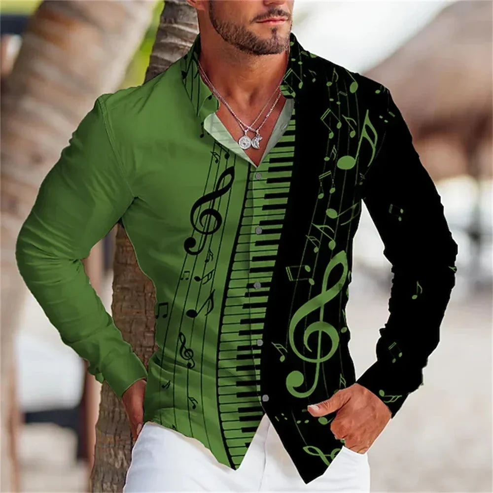 Graphic printing of men's shirts in summer 2023 Music button top long sleeve button shirt clothing design comfortable S-6XL