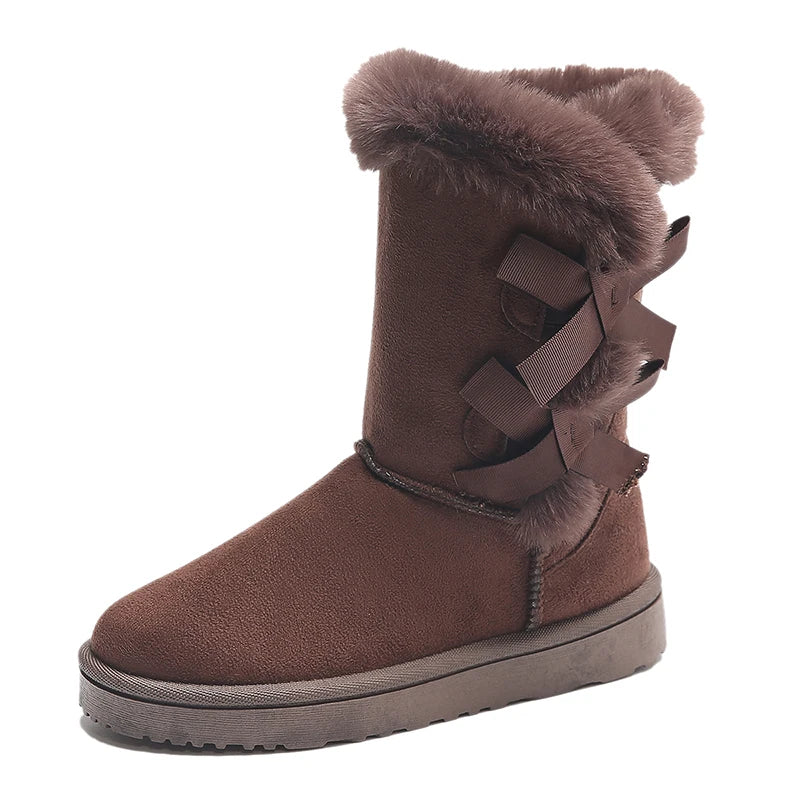 Women Flock Fluffy Suede Snow Boots Cute Butterfly Round Toe Warm Boots Autumn Winter Thick Sole Platform Cotton Shoes