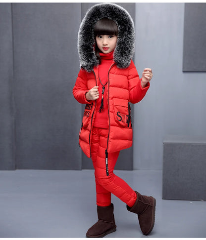 Girl Clothing Sets For Russia Winter Hooded Vest Jacket + Warm Top Cotton Pants 3 Pieces Clothes Coat With Fur Hood